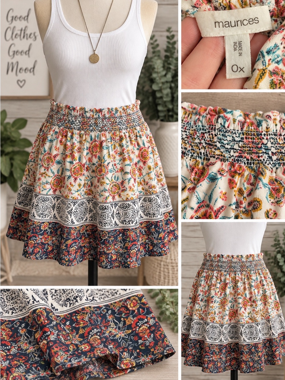 Maurices 0X Boho Floral Tiered Midi Skirt Smocked Waist Colorful